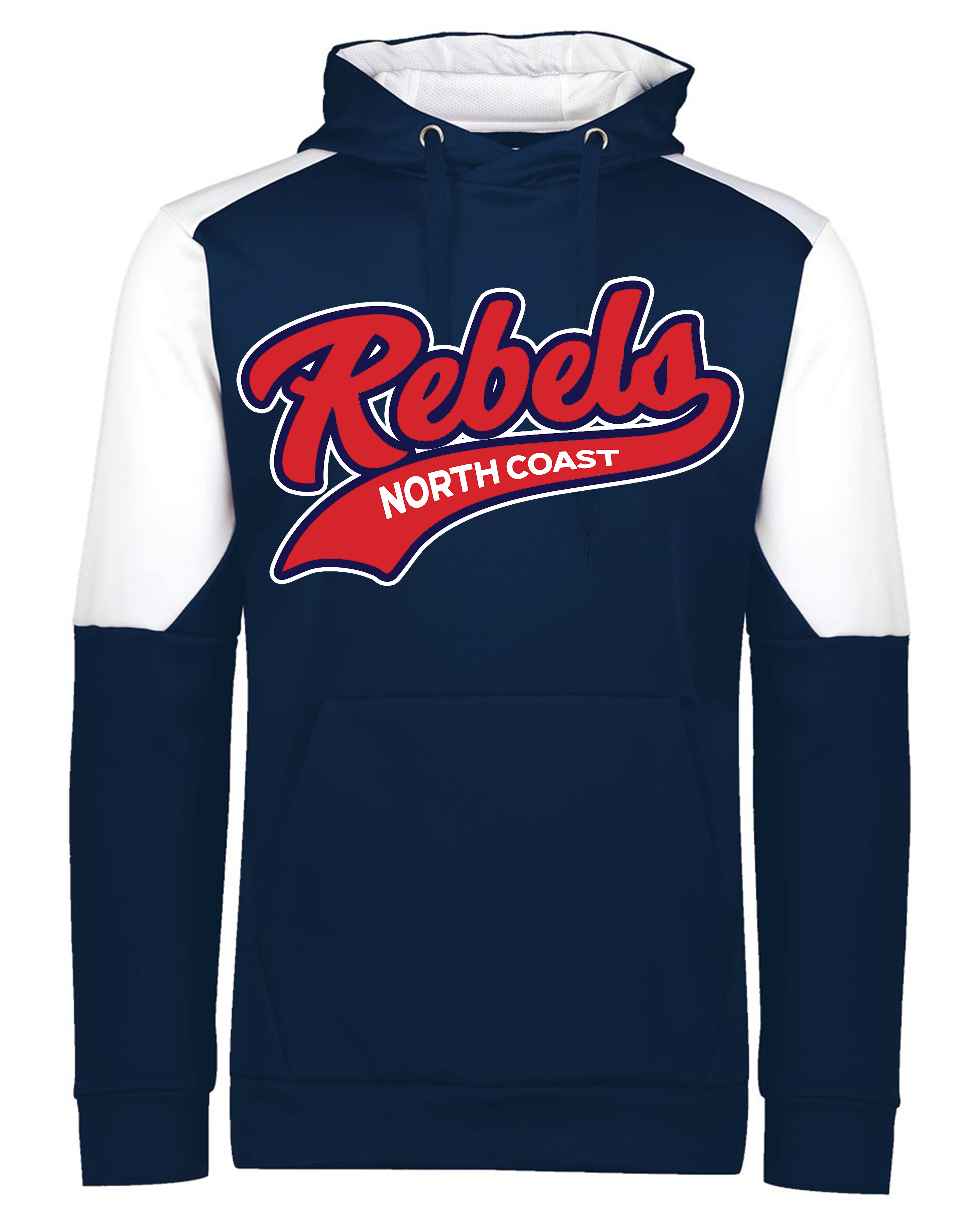 Rebels Color Block Baseball Hoodie – Navy/White (Youth & Adult Sizes)